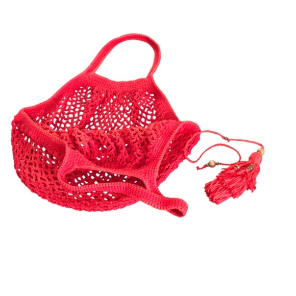 French Inspired Crochet Fishnet Market Bag Red Rouge Tote Shoulder Bag w/Tassel - Picture 11 of 16
